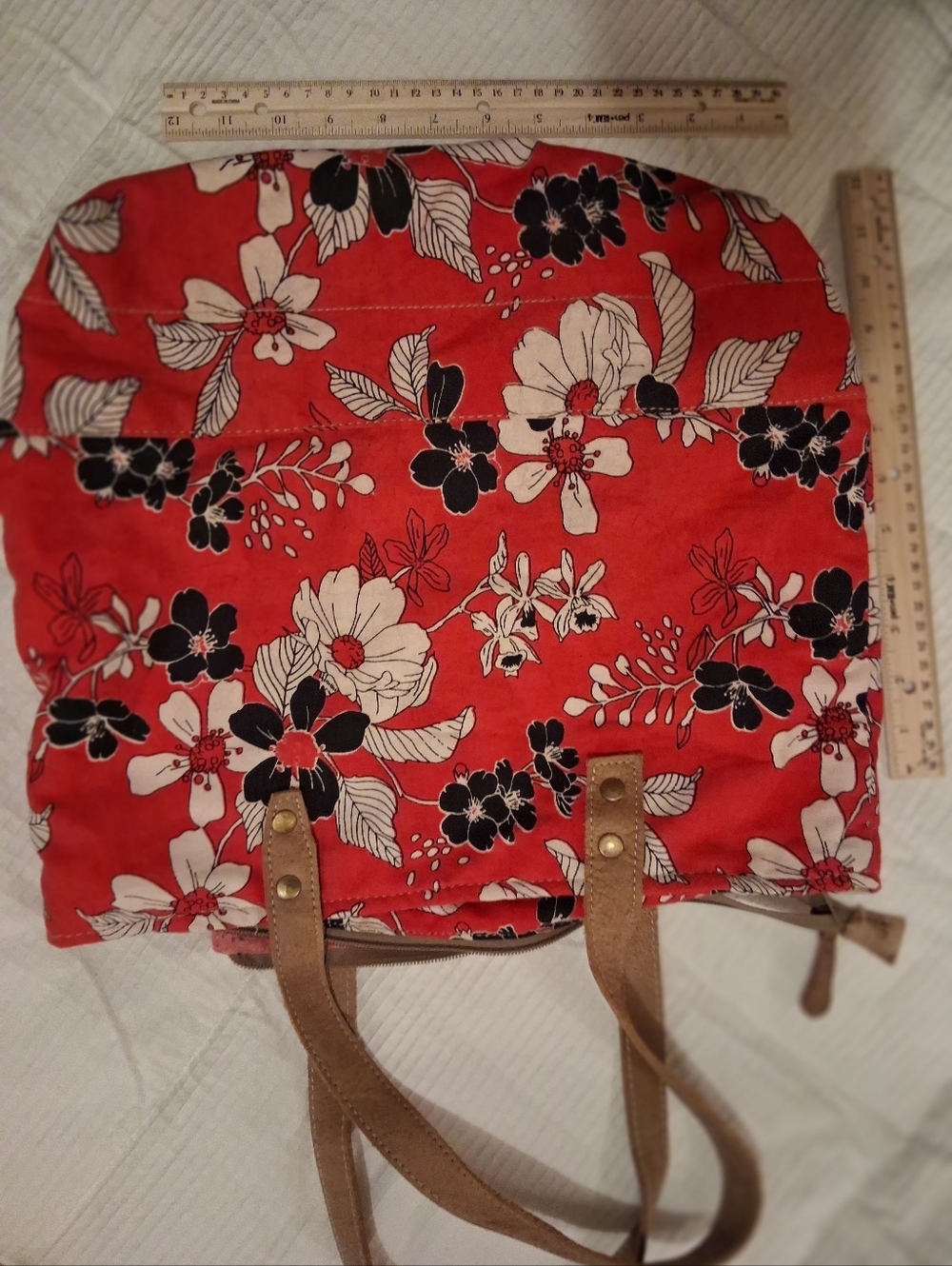 Myra Bag Red Floral Canvas Tote with Cowhide Trim - Picture 4 of 6